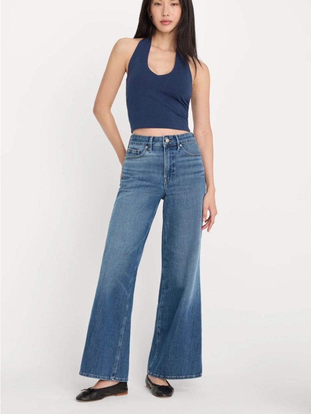 Good American Wide-Leg Flare Jeans - Medium Blue